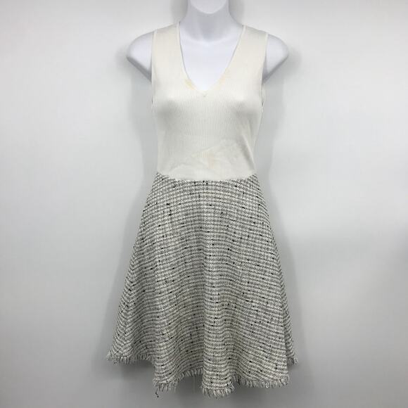 Ted Baker London Adalad A-Line Dress 0 Sleeveless Tweed Skirt Frayed Hem V-Neck - Picture 5 of 10